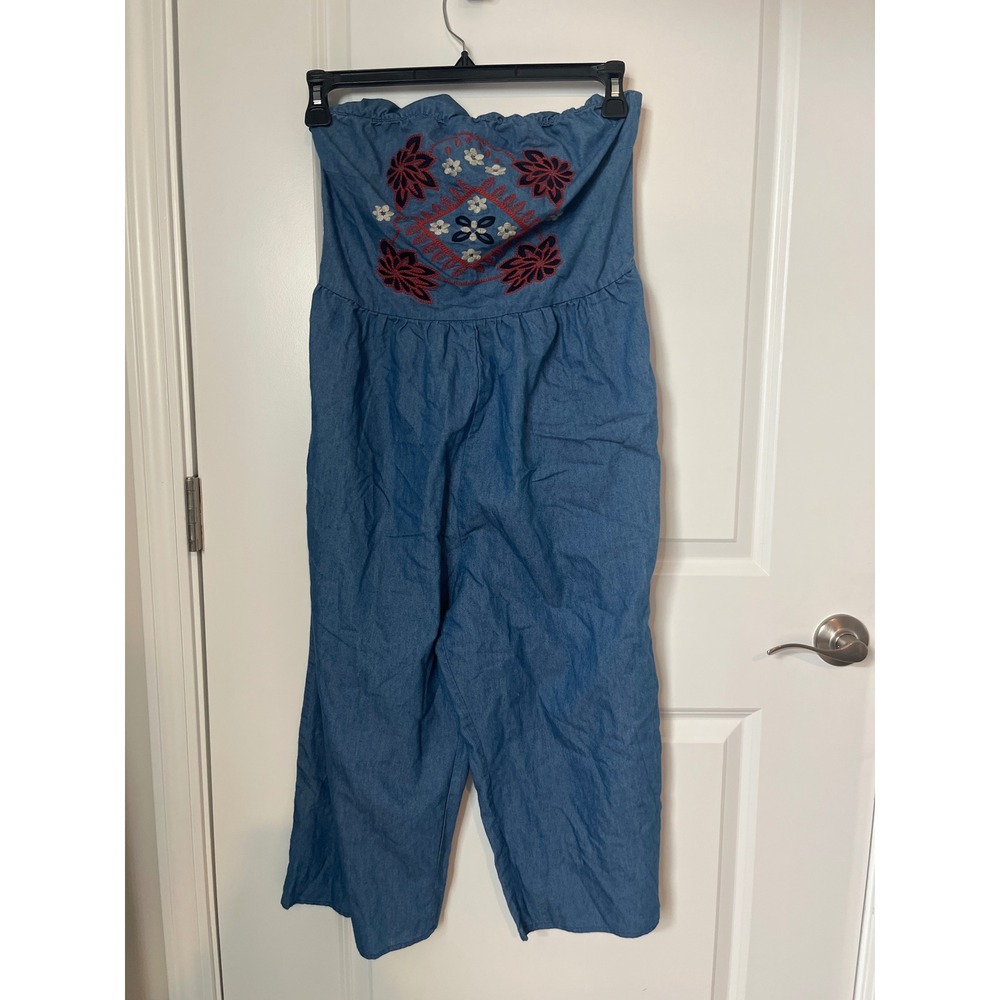 Parc & Lex Blue Embroidered Strapless Denim Jumpsuit Wide Leg Boho Medium
